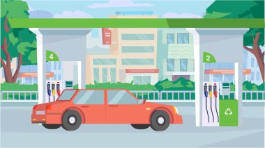 Benzin istasyonundaki araba düz çizgi film tasarımında. İstasyonun dışı, yakıt ikmal tesisi servisi, ağaçlarla dolu bir cadde. Şehir altyapısı, ulaşım. Vektör illüstrasyon yatay arkaplanı