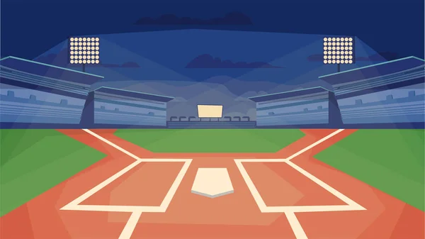 フラット漫画デザインの野球場のコンセプト 洪水灯 観客スタンド付きのスポーツフィールド 競技場 試合のためのスポーツセンター ベクターイラスト水平背景 — ストックベクタ
