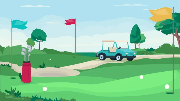 Golf conceito de campo de jogo em design de desenhos animados plana. Campo verde com buracos para bolas e bandeiras, carro de golfe, saco com paus. Lugar da competição, torneio, desporto. Ilustração vetorial fundo horizontal —  Vetores de Stock