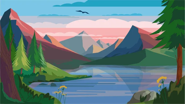 Montaña mañana concepto de paisaje en diseño plano de dibujos animados. Amanecer en los picos de las montañas, lago, bosque y plantas en laderas junto al lago. Vida silvestre vista panorámica. Ilustración vectorial fondo horizontal — Vector de stock