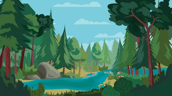 Concetto di paesaggio forestale e fluviale nella progettazione di cartoni animati piani. Scena verde con diversi tipi di alberi e piante e fiume calmo. Fauna selvatica vista panoramica. Illustrazione vettoriale sfondo orizzontale — Vettoriale Stock