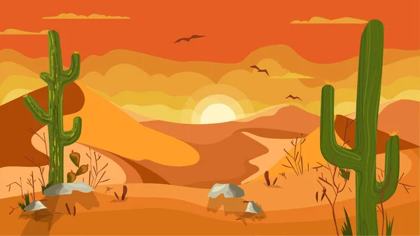 Zachód słońca w koncepcji krajobrazu pustyni w płaskiej kreskówki projektowania. Piaszczyste wzgórza i wydmy, kaktusy, palące słońce i rzadka roślinność. Panoramiczny widok na przyrodę. Ilustracja wektora tło poziome — Wektor stockowy