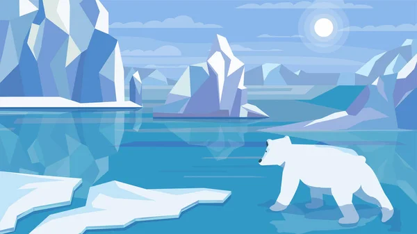 Antarctic landscape concept in flat cartoon design. Polar bear in cold water, huge ice blocks, icebergs, permafrost, snow and frost. Wildlife panoramic view. Vector illustration horizontal background — Stock Vector