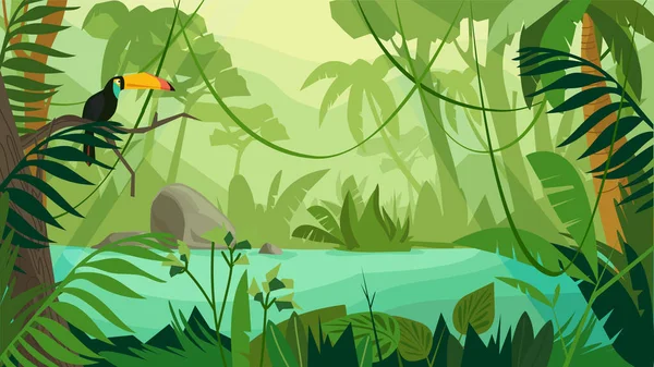 Bosque Selva Concepto Paisaje Diseño Plano Dibujos Animados Tucán Asienta — Vector de stock