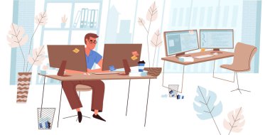Düz tasarımda çalışan programcılar. Geliştirici yazılım, kodlama, test ve optimizasyon programları yaratıyor, ofisteki bilgisayarlar üzerinde çalışıyor. Çalışanların iş yeri insanları sahnesi. Vektör illüstrasyonu