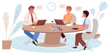 Düz tasarımda iş toplantısı konsepti. Çalışanlar konuşur ve görevleri tartışırlar, masada otururlar, beyin fırtınası yaparlar ve başarılı bir takım çalışmasıdır. İş arkadaşları ofis insanları sahnesinde iletişim kurar. Vektör illüstrasyonu