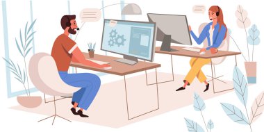 Düz tasarımda çağrı merkezi kavramı. Ofisteki bilgisayarlarda çalışan kulaklıklı operatörler. Teknik destek danışmanları müşterilerden gelen aramalara ve mesajlara cevap veriyor. Vektör illüstrasyonu