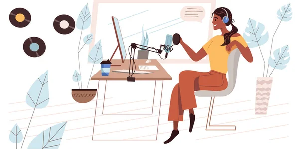 Gravação Conceito Podcast Áudio Design Plano Mulher Fone Ouvido Conversando — Vetor de Stock