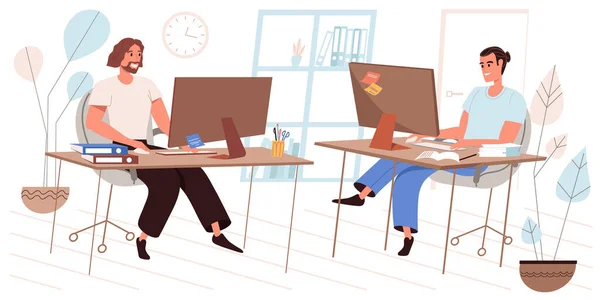 フラットデザインのビジネスオフィスコンセプト 職場に座っているコンピュータで働く従業員 同僚は一緒に働き チームワーク 同僚はオフィスの人々のシーンで通信します ベクターイラスト — ストックベクタ