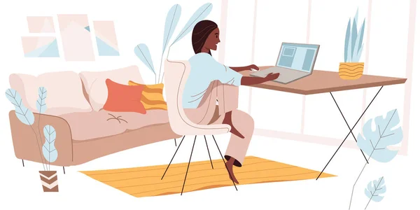 프리랜서는 디자인으로 작업하는 개념이다 사무실에서 책상에 노트북으로 일하는 여성들 콘으로 — 스톡 벡터