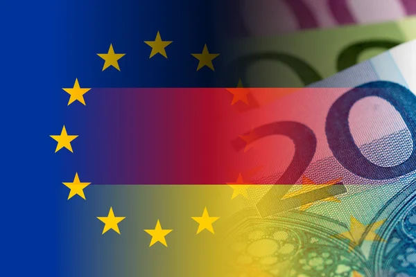 Bandera de la UE y Alemania con billetes en euros — Foto de Stock