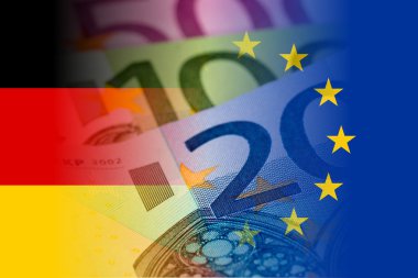 euro banknot ile Almanya ve AB bayrakları