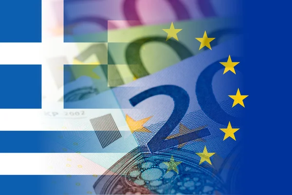 Banderas griegas y de la UE con billetes en euros — Foto de Stock