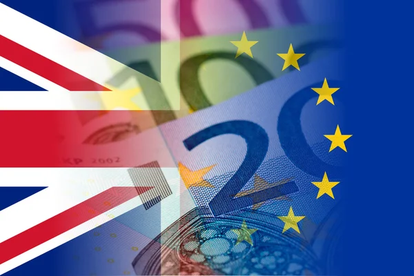 Spojené království a vlajky eu s eurobankovkami — Stock fotografie