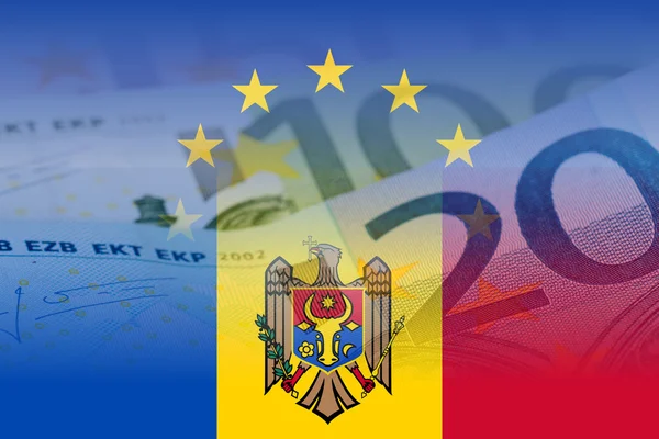 Vlajka EU a Moldavska s eurobankovkami — Stock fotografie