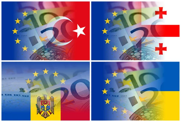 EU a Gruzií Moldavsko Turecko Ukrajina vlajka s eurobankovkami — Stock fotografie