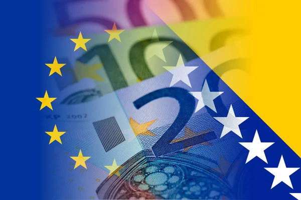 Vlajka EU a Bosnou a Hercegovinou s eurobankovkami — Stock fotografie