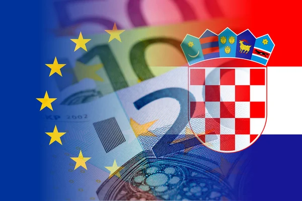 Vlajka EU a Chorvatska s eurobankovkami — Stock fotografie
