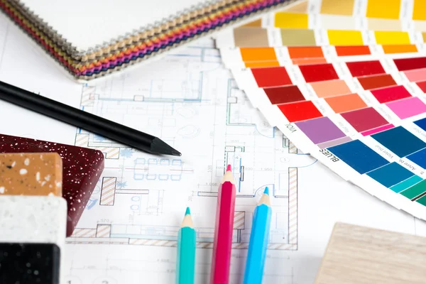 Interior project with palette, material samples, pencils 3 — Stock Photo, Image