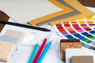 5 paleti, malzeme örnekleri, iç proje kalemleri