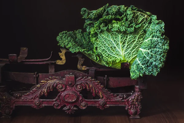Savoy lahana karanlık artalanları retro denge ölçekte — Stok fotoğraf