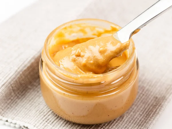 Manteiga Amendoim Crocante Frasco Vidro Close — Fotografia de Stock