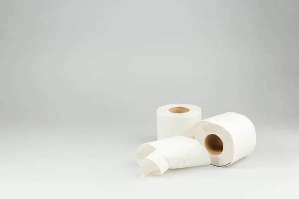 Two Rolls White Toilet Paper Gray Background Copy Space Text — Stock Photo, Image