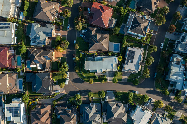 Top down aerial view of an upmarket neighbourhood, houses and streets, Sydney, Australia.