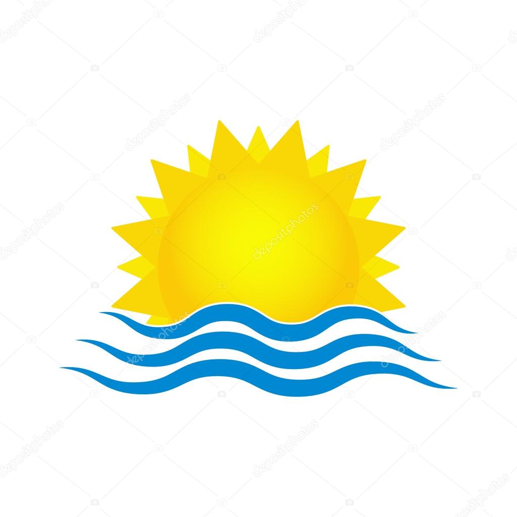 Sun and sea waves. Travel logo template. Vector illustration