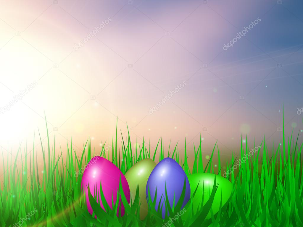 Easter greeting card. Easter eggs in grass. Vector illustration