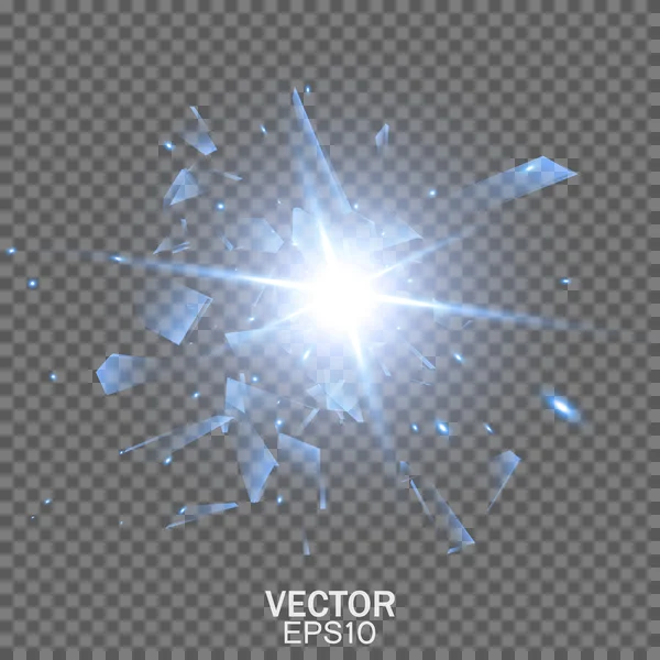 Explosión vectorial abstracta con fragmentos de vidrio y rayos de luz. Efecto de luz aislado — Vector de stock