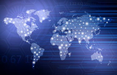 Soyut dijital teknolojik altyapı ile dünya haritası. Vektör tasarım şablonu