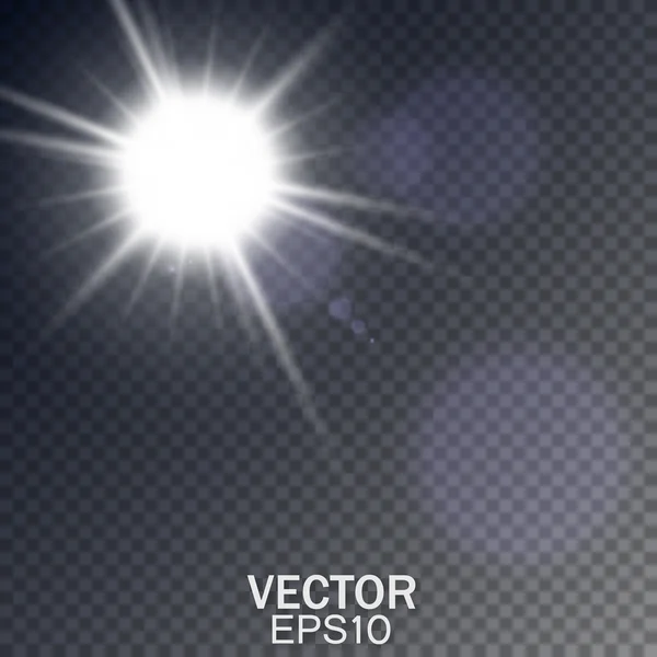 O sol pisca com raios. Luz solar transparente vetorial. Efeito de luz vetorial — Vetor de Stock