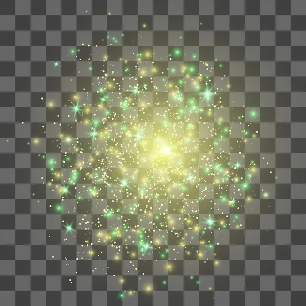 Glow ljuseffekt. Gold explosion. Lamporna på transparent bakgrund. Stardust explosion. Vektor illustration. — Stock vektor