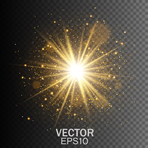 Efecto de luz brillante transparente. Estrella reventó con destellos. Brillo de oro — Vector de stock