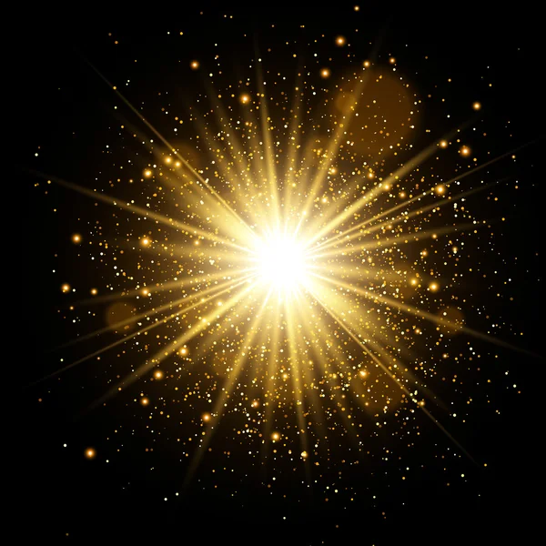 Efeito de luz Golden Glow. Estrela explodiu com brilhos. Ilustração vetorial — Vetor de Stock