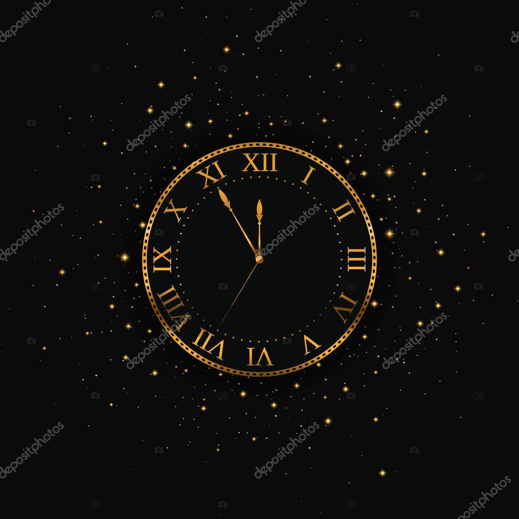 New Year gold clock. Merry Christmas. Vector illustration EPS10