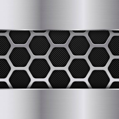 Siyah ve gümüş metal desenli arka plan. Bal peteği deseni. Vektör tasarımı. EPS10