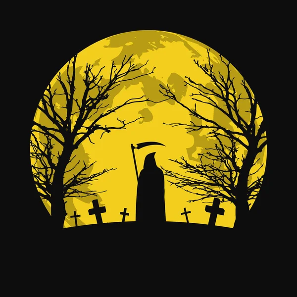 Halloween Hintergrund Mit Friedhof Silhouette Des Todes Mit Sense Vektorabbildung — Stockvektor