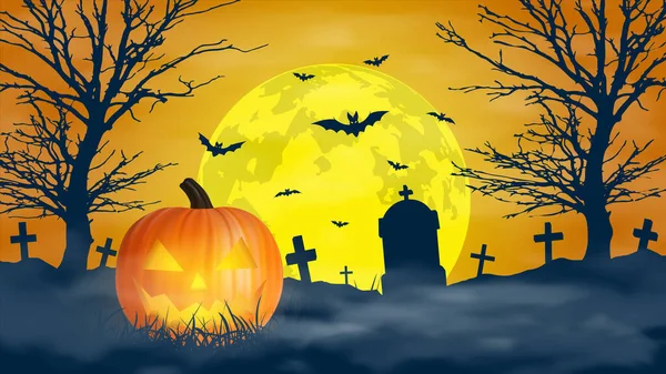 Sfondo Notte Halloween Cimitero Spaventoso Luna Piena Bandiera Vettoriale Eps10 — Vettoriale Stock