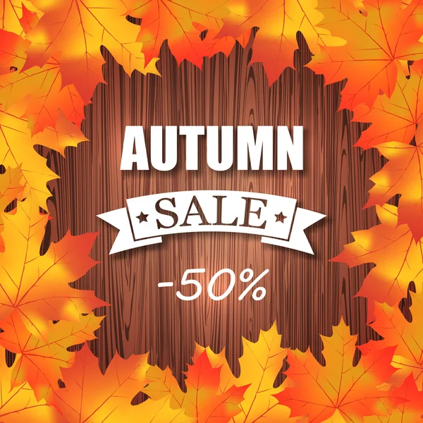 Vendita autunnale -50% banner sconto. Poster tipografico vettoriale su fondo legno — Vettoriale Stock