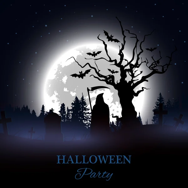 Halloween-Party-Plakat. Hintergrund mit gespenstischem Friedhof, nacktem Baum, Gräbern, Fledermäusen und Sensensilhouette — Stockvektor