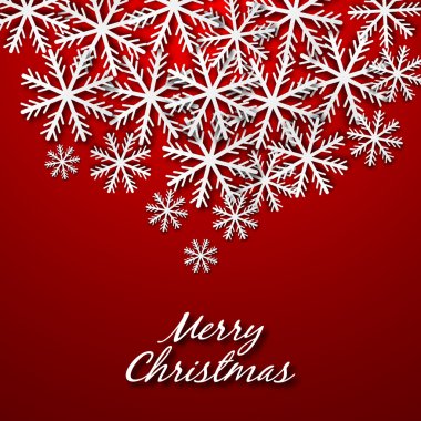 Noel kartı ile kırmızı bir arka plan üzerinde kağıt kar taneleri