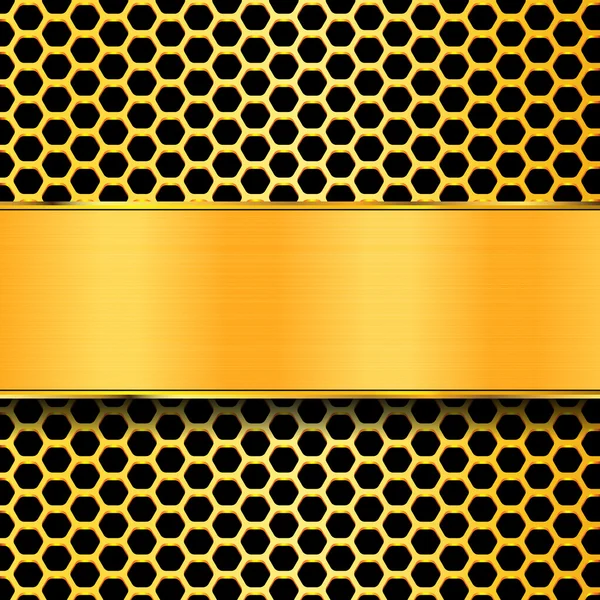 Patrón geométrico dorado de hexágonos con una placa de oro. Fondo metálico . — Archivo Imágenes Vectoriales