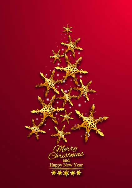 Noel ve yeni yıl Noel ağacı kırmızı arka plan ile altın kar tanesi yapılmış