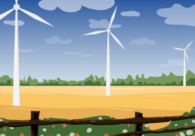 Buğday tarlasında rüzgar türbini. Manzara çiçekleri ve mavi gökyüzü kırsalda.