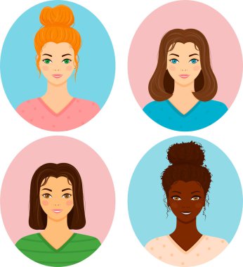 Esmer tenli bir kızın portresi. Gülümseyen ve güzel saç stili olan genç bir kadın.