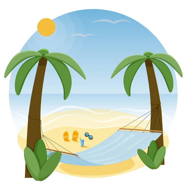 El mar es de arena limpia y palmeras. Relájese en la costa del mar azul con un refrescante cóctel. — Vector de stock