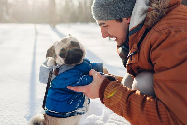 Pug Dog Che Cammina Sulla Neve Con Suo Proprietario Cucciolo — Foto Stock