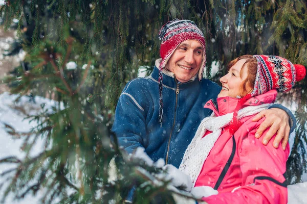 Senior Couple Hugging Laughing Winter Forest Happy Man Woman Walking — Stock Photo, Image